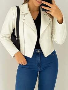 Jaqueta Feminina de Suede Estilosa Com Botões e Zíper Prata Estilo confortável Blusa de Frio - Branco - Visão 7