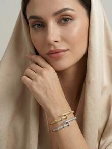 Luxury Cubic Zirconia Pave Nail Design Open Cuff Bracelet, 18K Gold Plated Street Style Bangle Jewelry Gift For Women,Women's Fashion Rhinestone Decor Nail Shaped Bracelet, High Quality Gold Tone Micro-Inlaid Open Bangle For Party - Multicolor - View 9