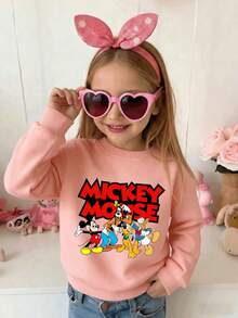 Disney Mickey Mouse & Friends Group Graphic Goofy Donald Duck Pluto Comfortable Print Young Girls' Long Sleeve Sweatshirt, Suitable For Autumn/Winter, Lightweight And Cozy, Great For Layering In Fall, Fashionable Casual Wear, Graphic Design, Back To School Season, Autumn, Back To School Party, Suitable For Outdoor Picnic, Street Photography, Home, Campus, Holidays, New Year Gift - Pink - View 1