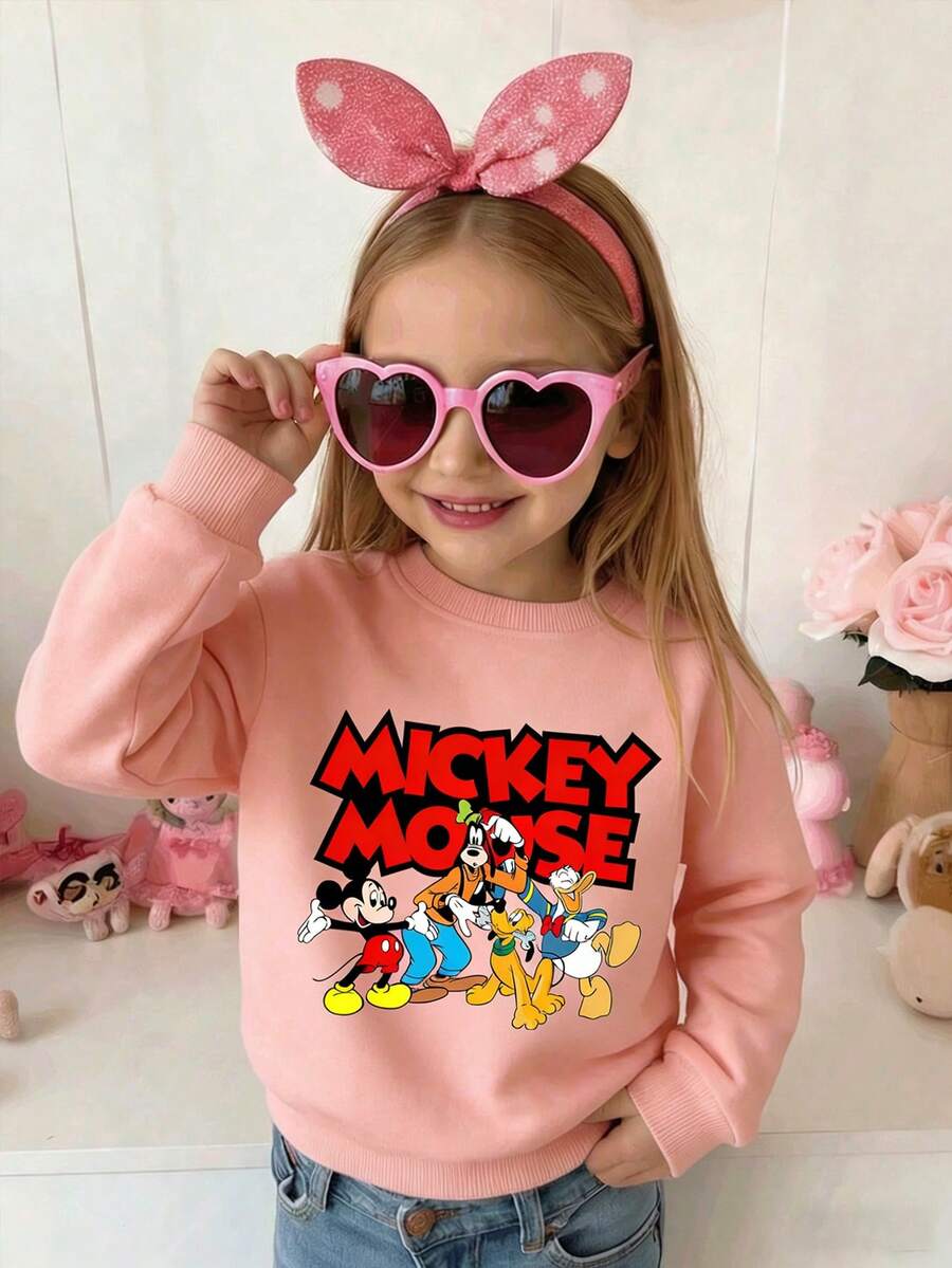 Disney Mickey Mouse & Friends Group Graphic Goofy Donald Duck Pluto Comfortable Print Young Girls' Long Sleeve Sweatshirt, Suitable For Autumn/Winter, Lightweight And Cozy, Great For Layering In Fall, Fashionable Casual Wear, Graphic Design, Back To School Season, Autumn, Back To School Party, Suitable For Outdoor Picnic, Street Photography, Home, Campus, Holidays, New Year Gift - Pink - View 1
