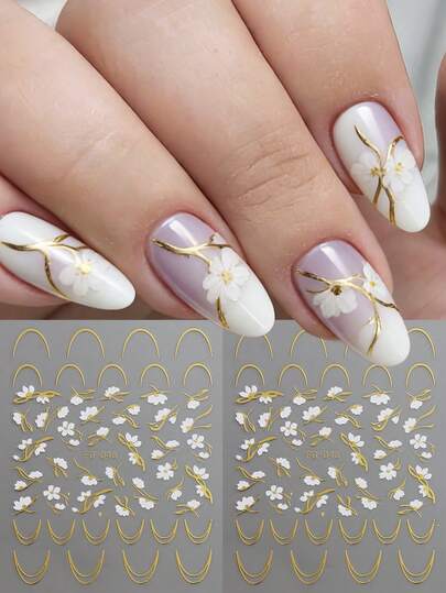 Nageldekaler med varmstämpling, tusenskönablommor, vita kronblad, franska linjer, nageldekaler med vår- och sommarblommor, manikyrdesigner för kvinnor, familjer och personliga DIY-projekt.