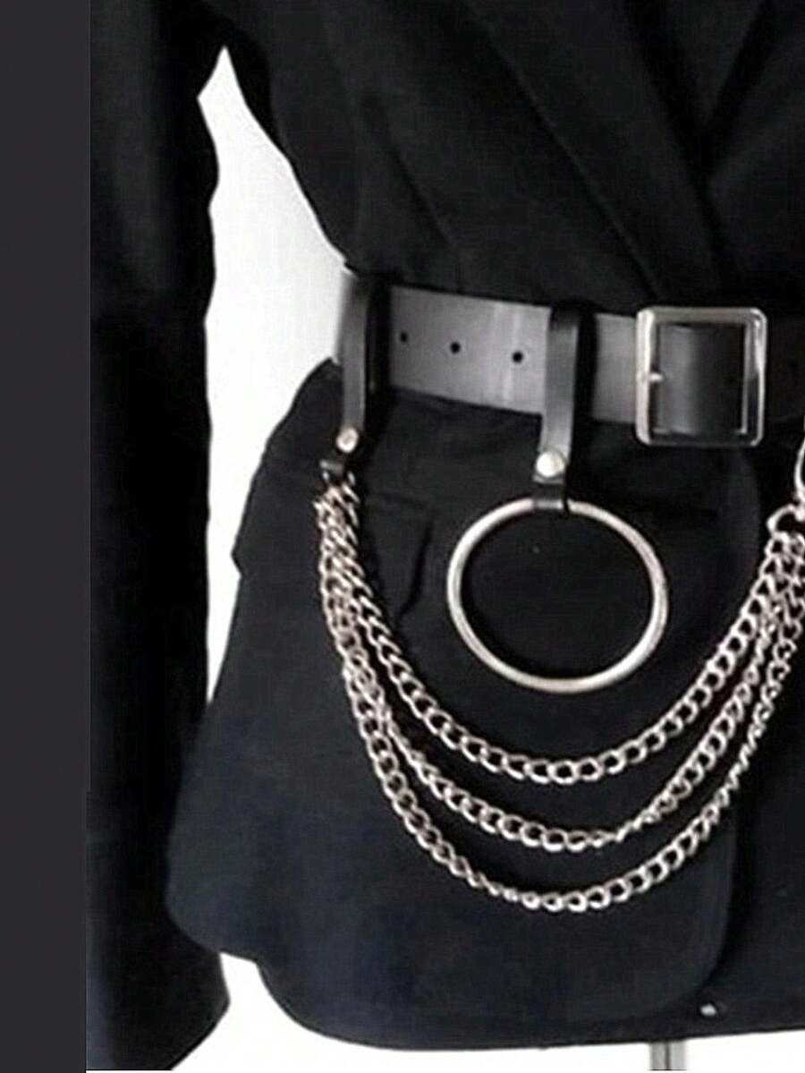 1条女士腰带，方形扣环，朋克风金属链环，时尚百搭男女通用牛仔裤腰带，个性化设计，黑色，适合日常使用 - 彩色 - 查看 1