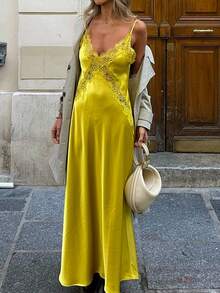 Women's New Sexy V-Neck Lace Camisole Slip Dress, Suitable For Spring/Summer/Valentine's Day - Yellow - View 3