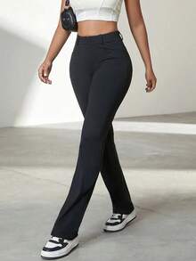 Yoga High Stretch Slim Pocket Design Women Straight Leg Pants, Business Casual Trousers For Office Wear, Autumn - 黑色 - 查看 1