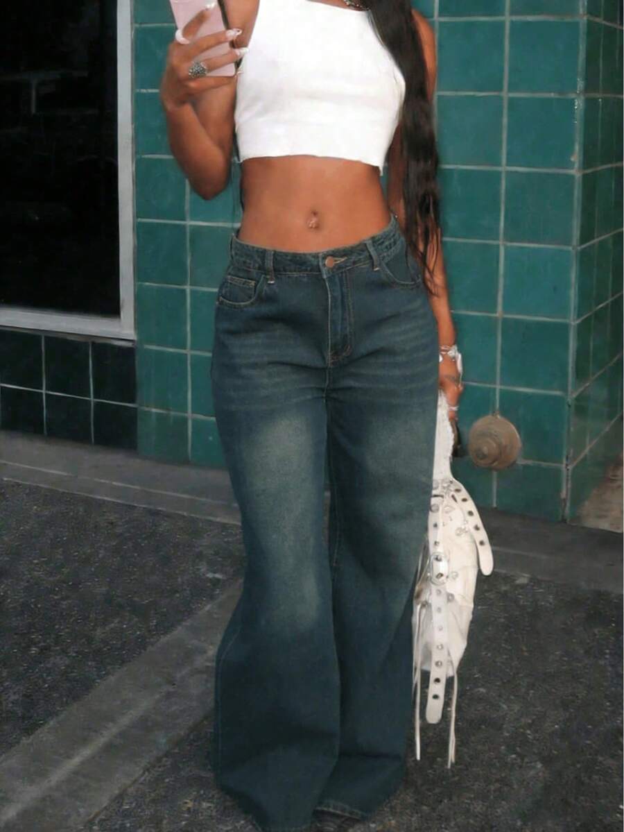 Quần jeans nữ ống đứng dáng suông, kiểu boyfriend rộng rãi, thiết kế túi xéo, phong cách đường phố Y2K. - Đồng - Xem 1
