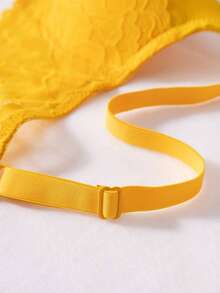 性感蕾丝钢圈文胸套装，女士蕾丝弹力边支撑文胸和透气蕾丝丁字裤文胸套装 - 黃色 - 查看 7