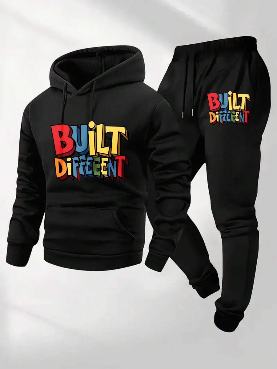 Built Different Print Mens 2 Piece Set Hoodie Sweatshirt Joggers Outfit Polyester Blend Stretch Soft Fleece Loose Fit Machine Washable Fall Winter Workout Running Daily Wear Gift Choice 20251029 - 黑色 - 查看 1