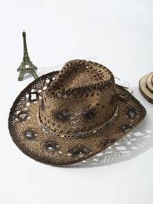 1Pc Unisex Colored Stones Decor Dyeing Printed Cowgirl Hat Summer Travel Shade Breathable With Beaded Trim Band Hand Woven Hollow Out Wide Brim Handmade Boho Cowboy Hat Beach Hat Sun Hat Straw Hat - 卡其色 - 查看 3