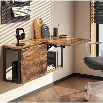 Escritorio Flotante,Escritorio Plegable Pared,Escritorio de Pared,Escritorio Flotante con Estante de Almacenamiento,2 Piezas. (Negro, 42 * 52 CM)