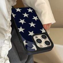 Navy Blue Background Silver Star Textured Pattern 17 Pro Max Phone Case, 16 Pro 15 14 13 12 11 Shockproof, Minimalist Creative, Premium High-Quality TPU With Straight Edge Glass Protection, Holiday Gift, Suitable For Various Occasions - Black - View 2