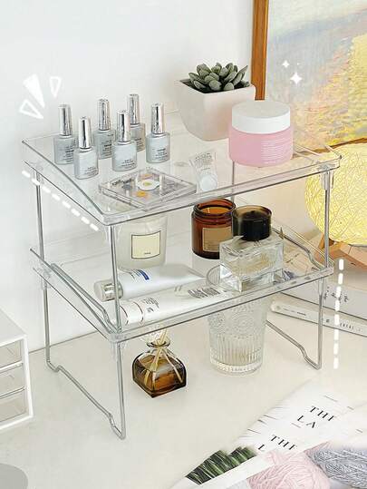 1 件装透明亚克力桌面收纳架 - 化妆品桌面收纳架 单层可折叠可堆叠收纳方案，适用于厨房、办公室等场所，可堆叠办公收纳架，适用于显示器