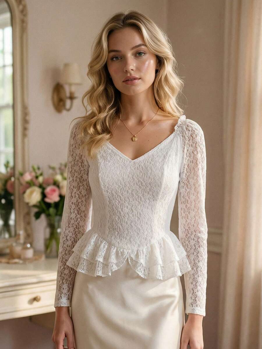 Women Lace Long Sleeve Shirts Floral V Neck Layered Ruffled Going Out Tops Fall Streetwear - White - View 1