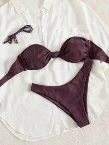 PEPPERMOLLY Bộ bikini dự tiệc thanh lịch, mềm mại, in sọc, có dây đeo điều chỉnh được, kiểu buộc sau lưng, thích hợp cho mùa hè, đi biển, nghỉ mát. - Nâu đỏ - Xem 4