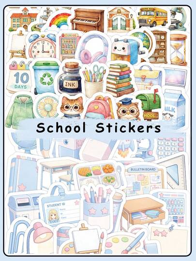 66pcs School Themed Sticker Pack + 103pcs Watercolor Campus Life Stickers, Waterproof Reusable, Suitable For Diary/Study Decor/Gift Packaging, School Supplies