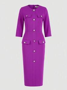 Elegant Midi Dress For Women, Fitted Silhouette, Red Color, Suitable For Afternoon Tea, Church, Office, Date, Birthday Party, Casual Wear, Spring & Autumn - Hot Pink - View 6