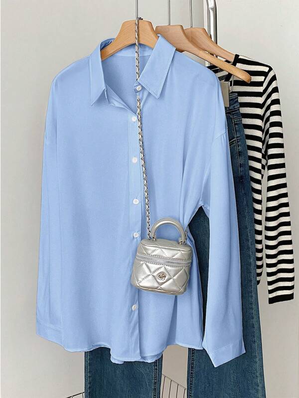 Women's Outdoor Long Sleeve Shirt, Blue Casual Blouse Summer New Solid Design Unique Shirt, Loose Fit Long Sleeve Top For Autumn