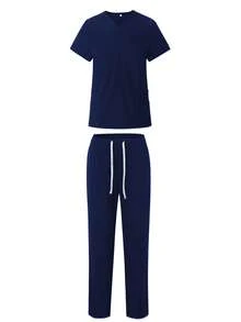 黑色V领短袖医用工作服套装，医生和护士适用的医疗制服 - 藏蓝色 - 查看 3