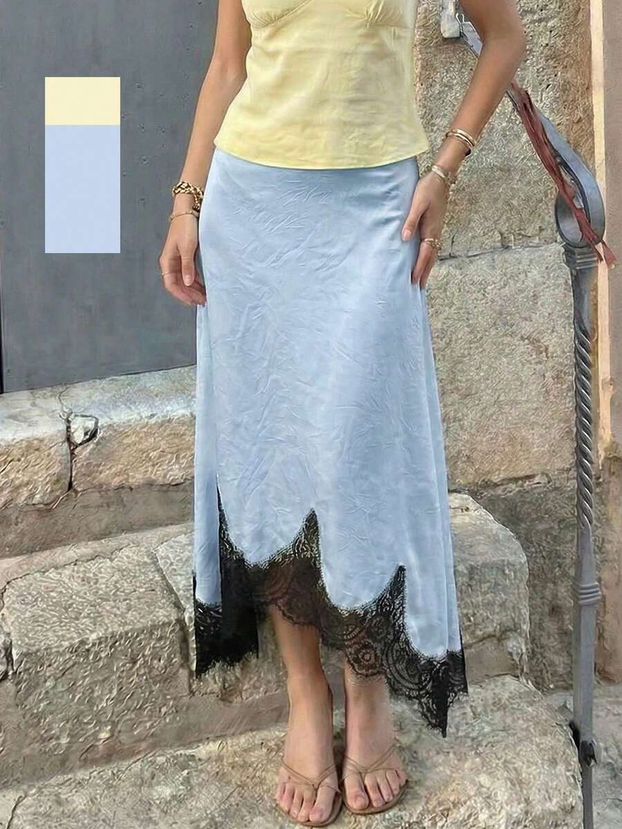 女士春夏优雅缎面拼接不对称蕾丝边半身裙，闪亮双色，简约时尚，适合日常和约会穿着。 - 淺藍色 - 查看 1