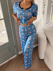 Disney Women's Pajamas Stitch Print Lace Trim Rolled Button Short-Sleeve And Long-Pants Set - Multicolor - View 4