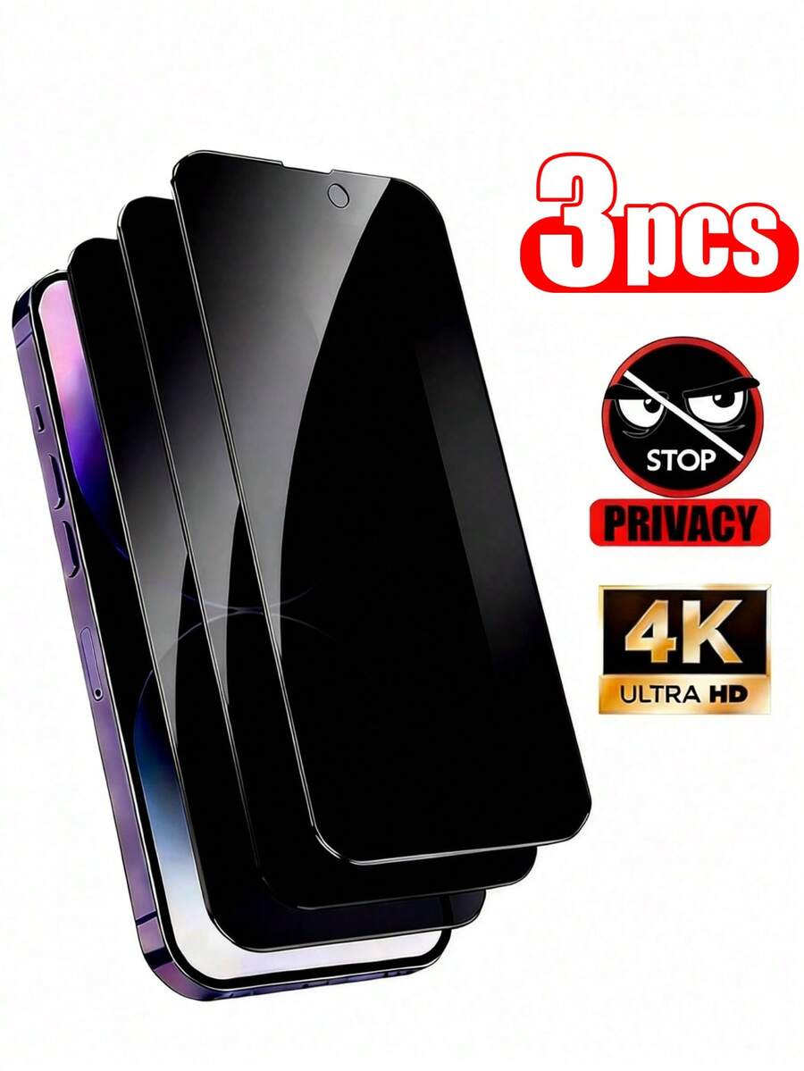 3pcs 9H Hardness Full Screen Tempered Glass Screen Protector, Anti-Spy Anti-Explosion, Compatible With IPhone 17/Air/17 Pro/17 Pro Max/16 Pro Max/15 Pro Max/14 Pro Max/13/12/11Pro Max/7/8/Se2/X/Xs/Xr/Xs Max, Suitable With Phone Cases - Black - View 1