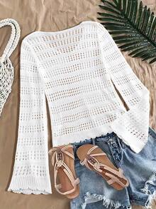 V-Neck White Versatile Hollow Out Ruffle Hem Pullover Sweater, Suitable For Summer Beach - White - View 2