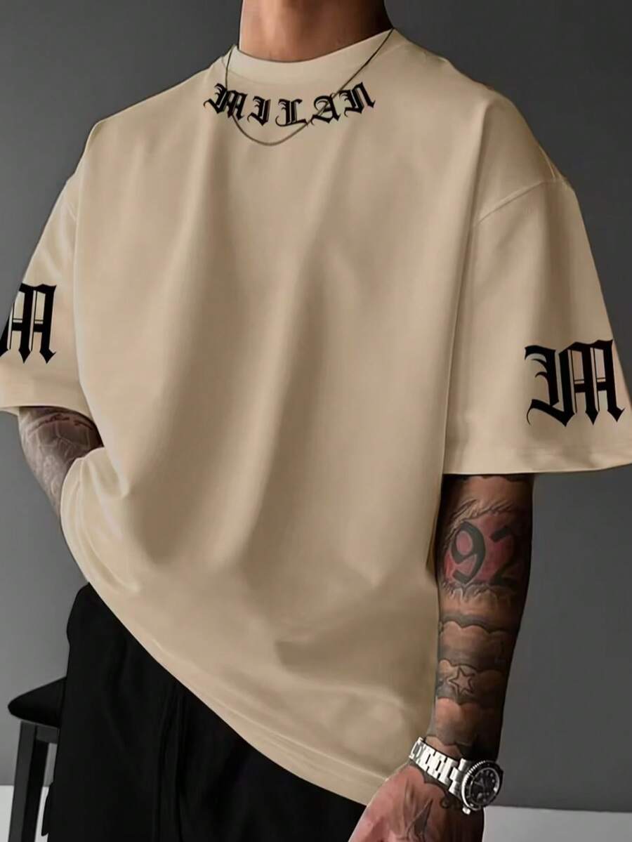 Men's Premium Cotton T-Shirt, Adult Plus Size, Kids Streetwear, Oversized, Printed, Milan Collar, Long Sleeve, Italy, City, Swag, Football, Casual Style - 米色 - 查看 1