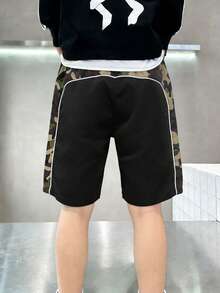 1pc Tween Boys' Fashionable Contrast Color Casual Outdoor Sports Running Fitness Straight Leg Shorts - Black - View 2