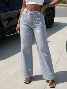 Quần jeans ống rộng cạp trung đính đá lấp lánh phong cách Y2K dành cho nữ, kiểu dáng vintage, chất liệu denim mài bóng. - Rửa nhẹ - Xem 5