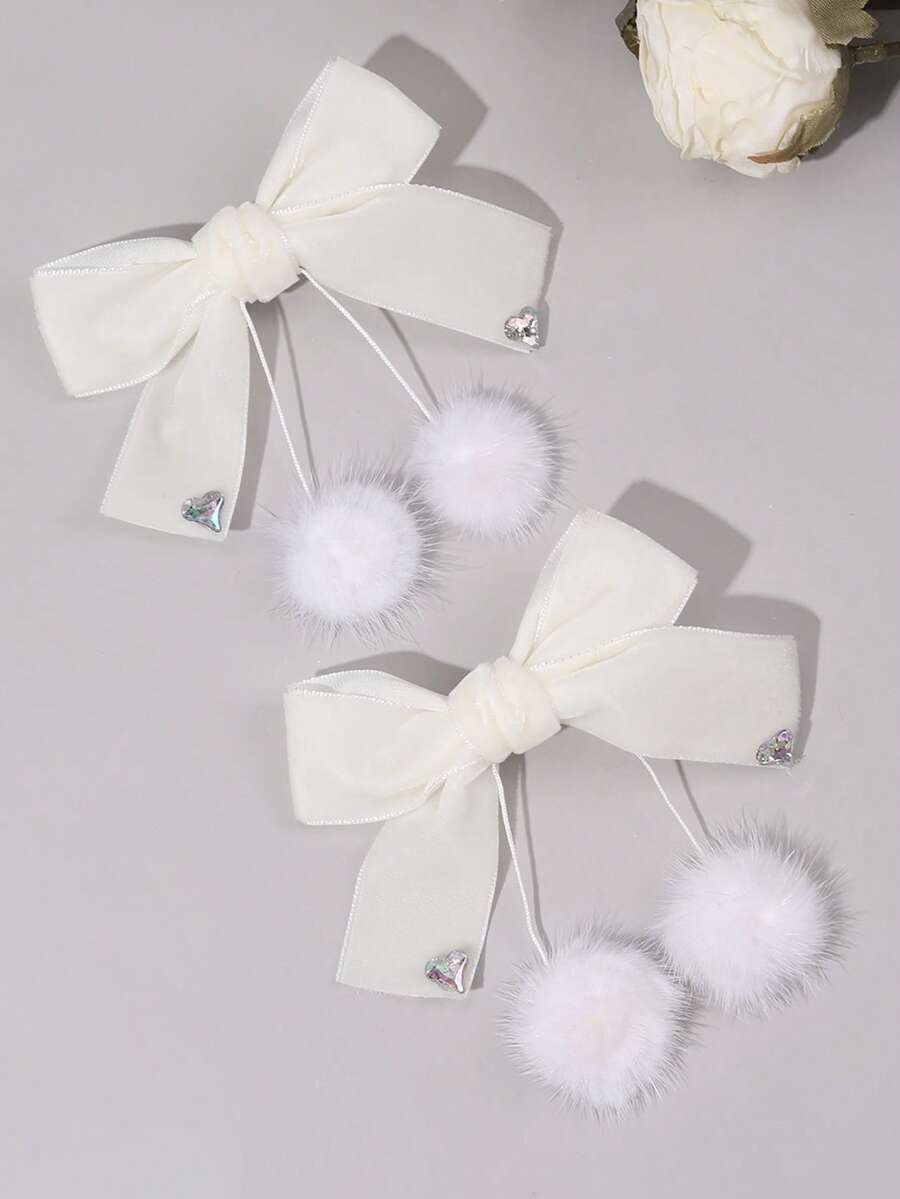 2 chiếc kẹp tóc màu be cho bé gái, đính quả bông trắng mềm mại và trang trí pha lê hình trái tim, phụ kiện tóc thanh lịch và dễ thương cho sử dụng hàng ngày, lễ hội, tiệc tùng, dành cho tuổi teen. - Màu be - Xem 1