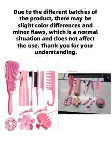 4件套粉色系美发造型梳套装，包含宽齿梳、卷发梳、眉刷和喷雾瓶，适合女孩和女士使用，是日常护发和造型的必备工具，也是理发店美容旅行的理想之选。 - 彩色 - 查看 10