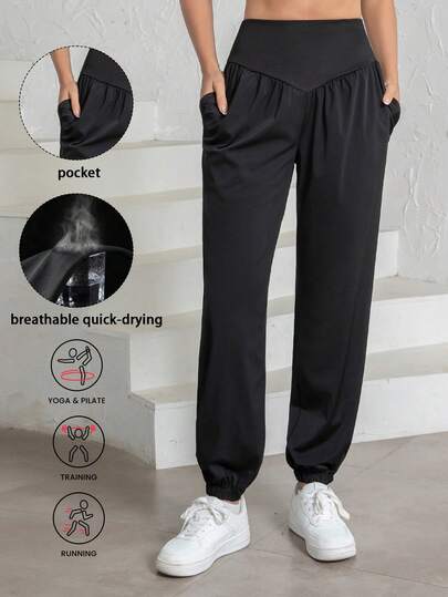 女士休闲高腰抽绳裤，高弹冰丝凉感尼龙面料，速干时尚设计，适合活力生活方式，穿着舒适。