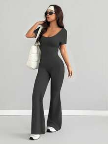 AITYI Studio 女士连体裤，修身舒适，休闲 U 领纯色时尚性感修身款，适合户外运动，百搭实用，适合毕业典礼、新年、情人节、春夏等场合，弹力针织短袖喇叭裤腿连体裤 - 鉛灰 - 查看 5