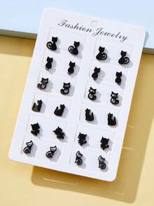 12pairs Cartoon Cat Stud Earrings - Black - View 7