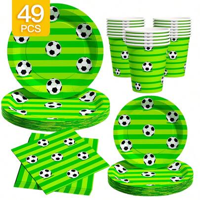 1 Set Green Soccer Themed Disposable Plates, Napkins, Cups, Suitable For 8 Guests, Disposable Paper Plates Party Supplies For Birthday, Wedding, Theme Party, Family Picnic