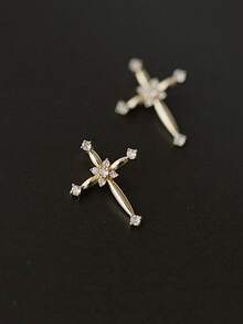 GAGAFEEL 1条S925纯银时尚个性化锆石十字架项链，女士生日婚礼永恒十字架吊坠项链珠宝礼品 - 金色 - 查看 3