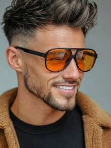 1副男士飞行员款PC镜框双梁简约休闲度假时尚眼镜 - 亮黑 - 查看 1