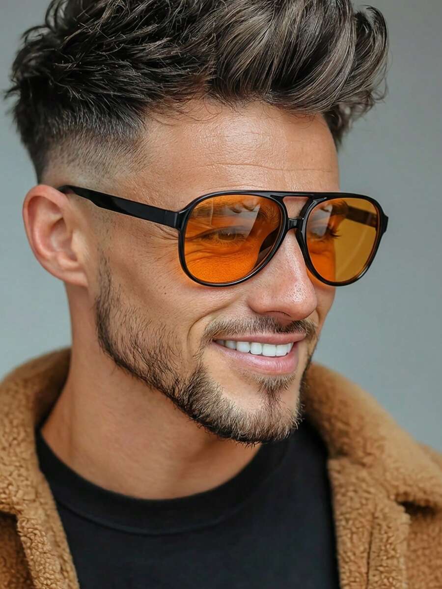 1副男士飞行员款PC镜框双梁简约休闲度假时尚眼镜 - 亮黑 - 查看 1