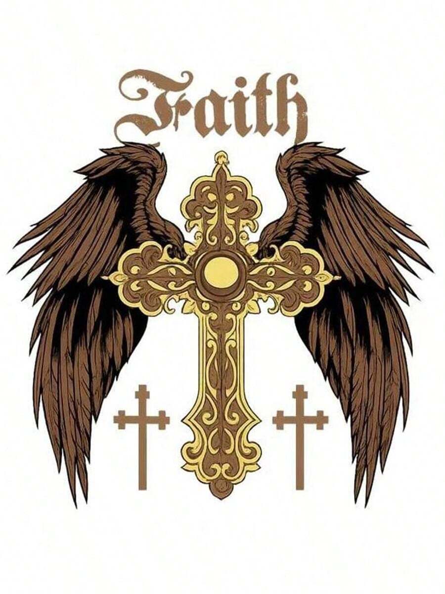 1pc/2pcs/3pcs Gold Cross Wing Heat Transfer Vinyl Stickers, Durable Waterproof Vinyl, Suitable For DIY T-Shirts, Jeans, Backpacks, Pillows, Fabric Applique DIY - L - View 1