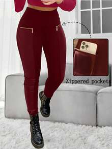 女士纯色高腰裤，休闲日常仿皮拼接打底裤，带拉链口袋，女装 - 酒紅色 - 查看 4