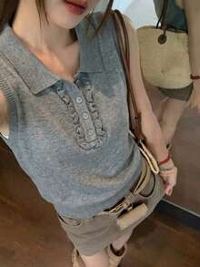 Spring Vintage Polo Collar Knit Sleeveless Top, Stylish Slim Fit Tank - Grey - View 5