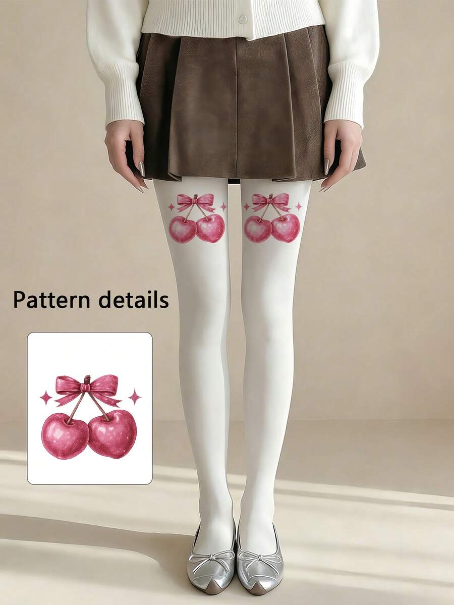 “甜樱桃”惊喜连裤袜——完美的浪漫情人节礼物，俏皮又略带挑逗的樱桃印花，打造甜蜜浪漫造型 - 白色 - 查看 1