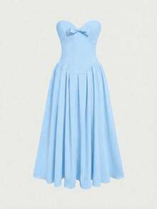 Glamful Elegant V-Neck Bow Decor Strapless Bandeau Sexy Backless Fitted Princess Style Puffy Women's Dress, Elegant Dress For Women, Holiday Dress, Vacation Dress, Blue Dress For Women, Long Summer Dress For Women - Blue - View 9