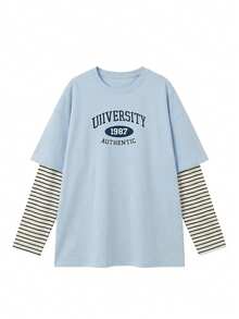 English Element Striped Long Sleeve Round Neck Loose Knit Blue & White Women T-Shirt, Vacation Casual Top For Spring Autumn, Valentine's Day - 2A24 Blue and White - KJ0262 - View 8