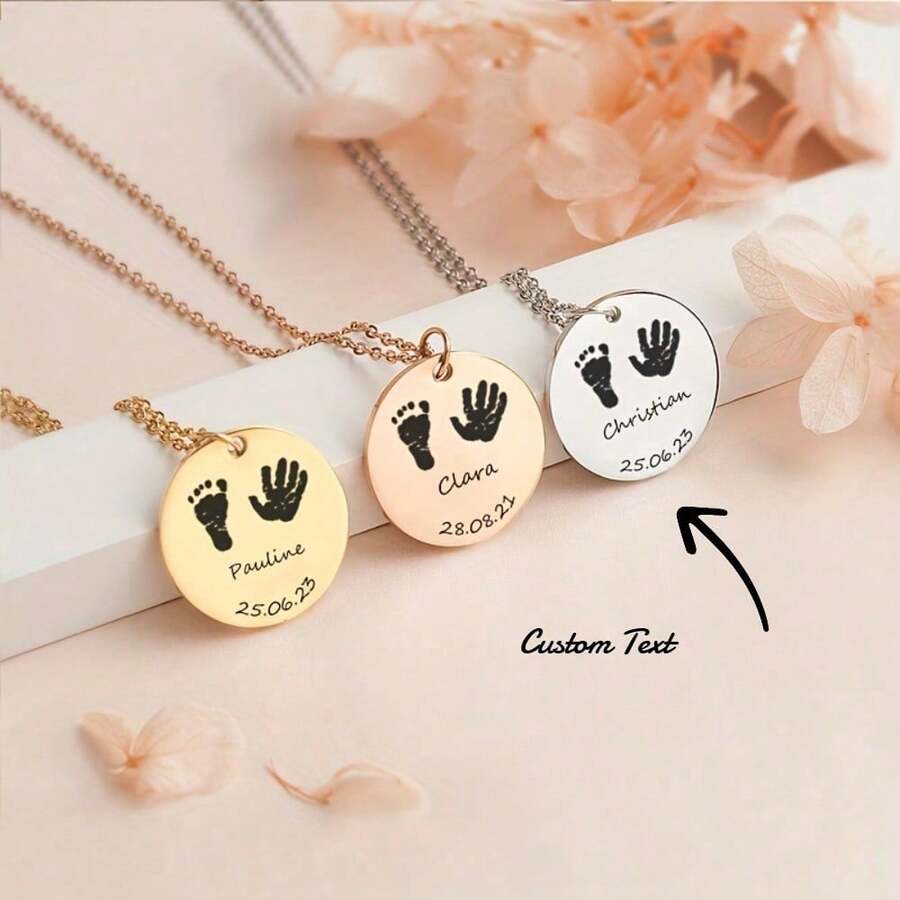 Custom Engraved Handprint And Footprint Stainless Steel Pendant Necklace, Round Pendant, Customizable With Name And Date, A Heartwarming Family Gift, Suitable As A Gift For Birthdays, Christmas, Mother's Day, And Father's Day - Multicolor - View 1