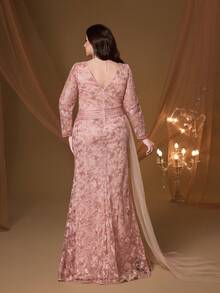 Anpoket, Hàng mới về, Cổ tròn, Thêu, Ren, Dây rút, Viền đính hạt, Tay dài, Eo thắt, Xẻ tà, Vải xếp ly, Cao cấp, Đầm dạ hội, Dành cho, Dạ tiệc cưới, Đầm dự tiệc, Đầm dự đám cưới, Đầm dạ hội màu hồng - Hồng - Xem 2