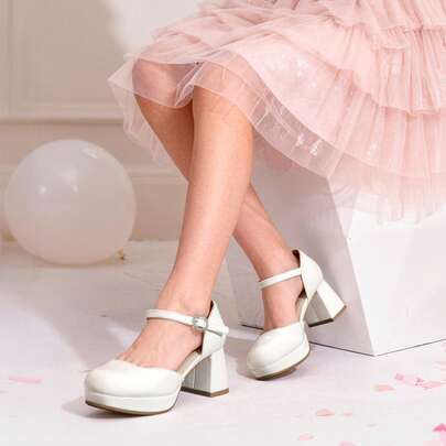 Girls Glitter Platform High Heels Square Toe Ankle Strap Wedding Party Pumps Flower Girl Shoes For Little Big Kid