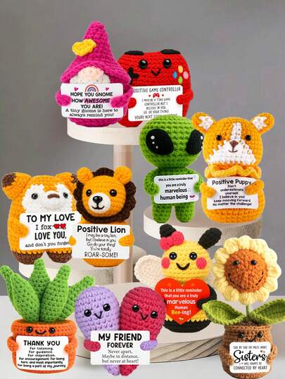 1pc Handmade Crochet Desktop Decor Figurine, Cute Cartoon Animal & Plant Shapes, Great Birthday Gift For Best Friends, Sisters, Moms, Grandmas, Coworkers, Family, Positive Emotion Support, Creative Party, Thanksgiving, Valentine's Day, Home Bedroom Decoration, Children's Plush Doll