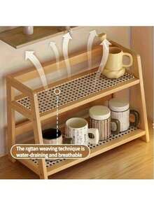 1pc Narrow Cup Holder Rack, Rattan-Woven Tea/Coffee Bar Counter Stand Organizer, Bamboo Matcha Shelf, Cup Display Rack, 2-Tier Kitchen Cabinet Spice Storage Shelf - Multicolor - View 3