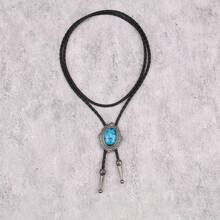 1件时尚百搭蕾丝椭圆形蓝色树脂项链，领结衬衫皮革长项链，个性化简约编织男女通用颈链，情人节派对礼物，日常佩戴 - 復古銀色 - 查看 6