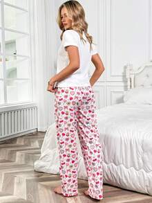 两件套女士春夏蝴蝶结印花上衣和爱心印花睡衣套装，短袖长裤睡衣套装 - 淺粉色 - 查看 2